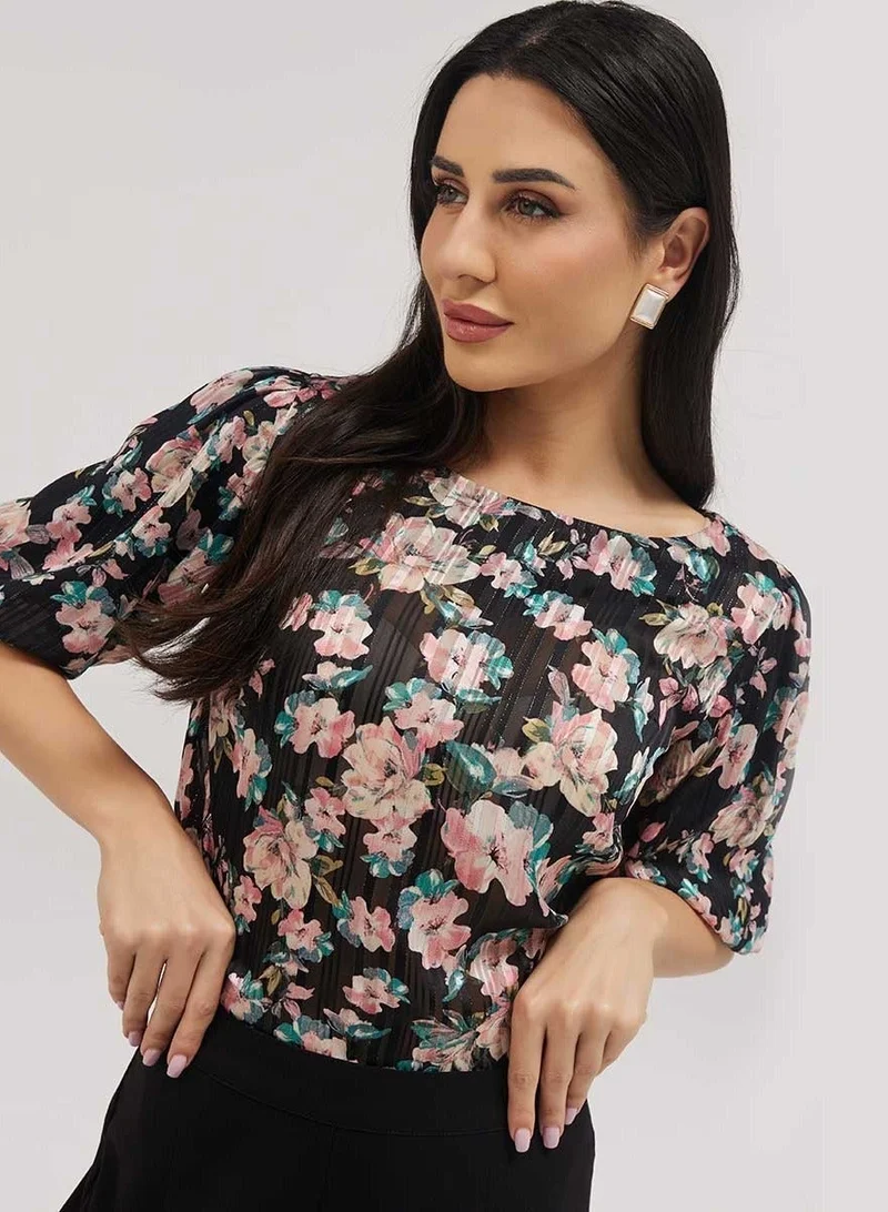 Zigzag Wide Neck Crushed Chiffon Formal Top