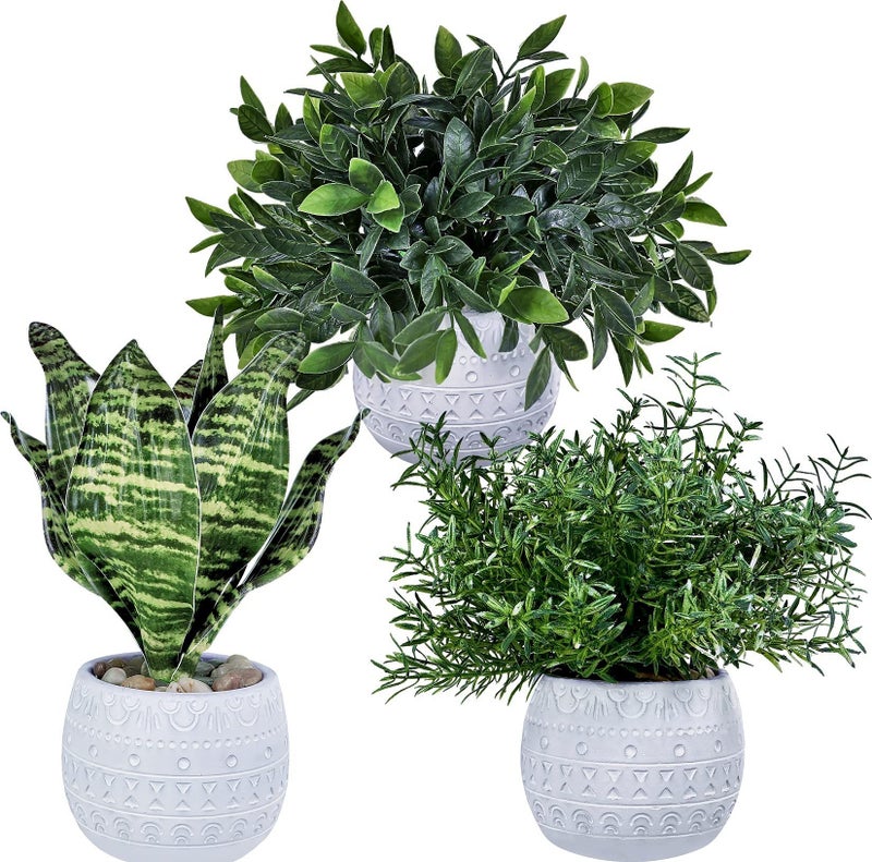 Winlyn Set of 3 Small Artificial Potted Plants - Eucalyptus, Rosemary & Tropical Snake Plant in White Geometric Pots for Table Centerpieces Shelf Windowsill Desk Indoor Outdoor Greenery Decor - Image 1