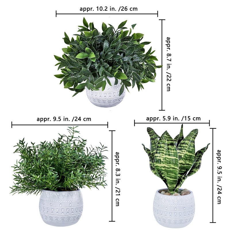 Winlyn Set of 3 Small Artificial Potted Plants - Eucalyptus, Rosemary & Tropical Snake Plant in White Geometric Pots for Table Centerpieces Shelf Windowsill Desk Indoor Outdoor Greenery Decor - Image 3