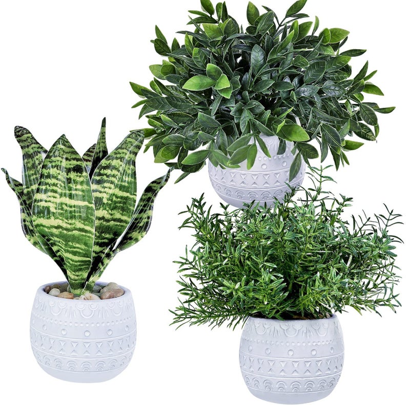 Winlyn Set of 3 Small Artificial Potted Plants - Eucalyptus, Rosemary & Tropical Snake Plant in White Geometric Pots for Table Centerpieces Shelf Windowsill Desk Indoor Outdoor Greenery Decor - Image 2