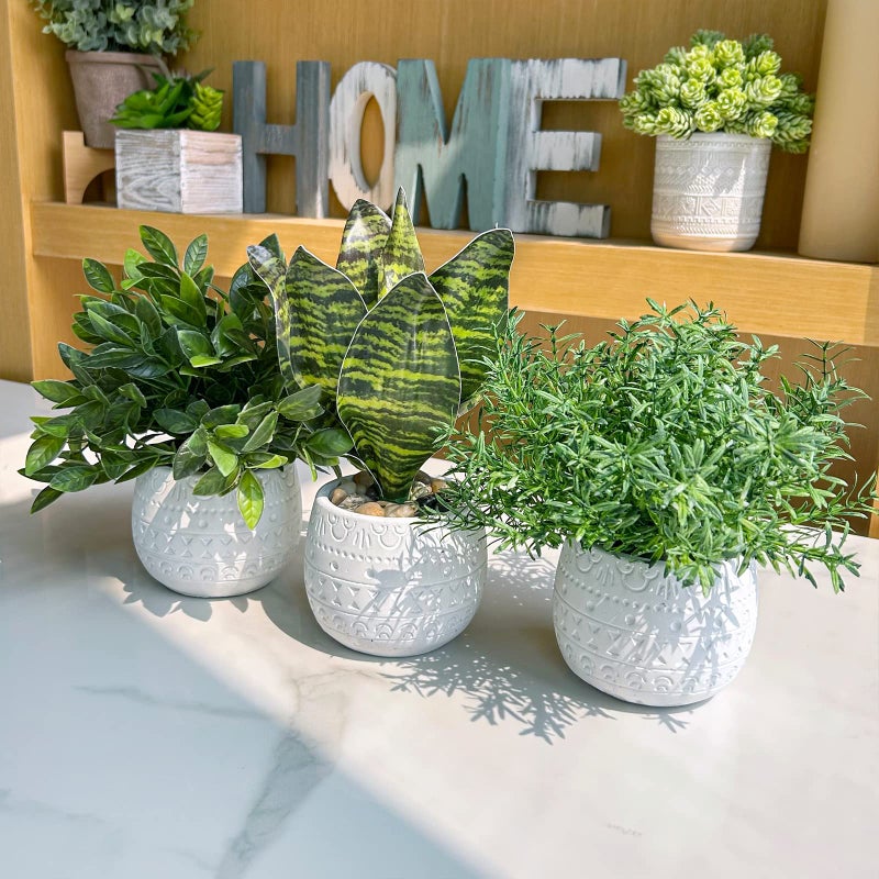 Winlyn Set of 3 Small Artificial Potted Plants - Eucalyptus, Rosemary & Tropical Snake Plant in White Geometric Pots for Table Centerpieces Shelf Windowsill Desk Indoor Outdoor Greenery Decor - Image 4