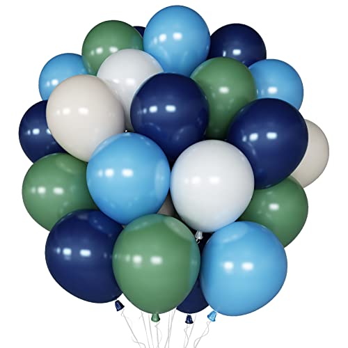 Togvu Balloons Green and Blue, 60Pcs 12 Inch Navy Blue Green White Latex Party Balloons for Kids Birthday, Jungle Safari Themed Party, Dinosaur Party Supplies, Baby Shower, Wedding, Anniversary - Image 1