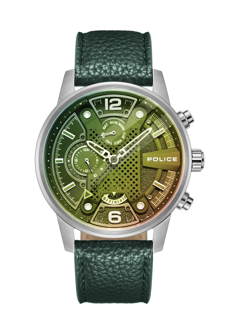 بوليس Lanshu 48mm Men's Multifunction Watch with Green Leather Strap