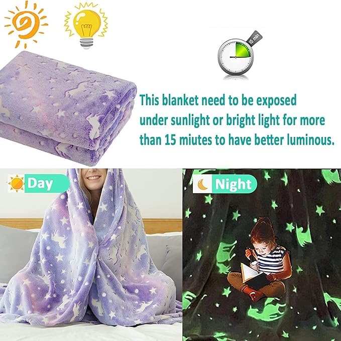 MASHUR FAB - Glow-in-The-Dark Polar Fleece Blanket for Kids – Soft Lightweight Single Bed Blanket (200x152 cm) | All-Season Jacquard Print, Assorted Multicolor – Unicorn Design (Purple) - Image 4