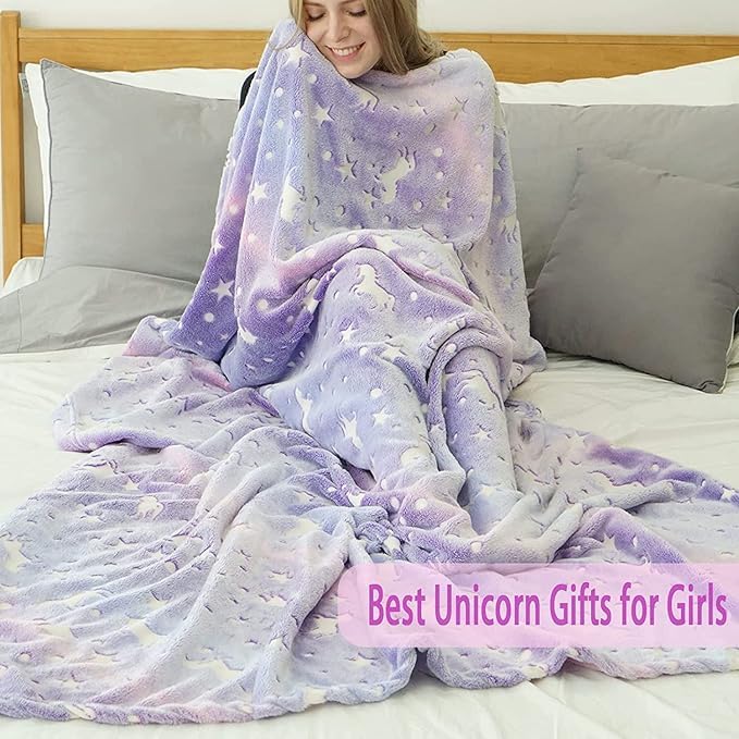 MASHUR FAB - Glow-in-The-Dark Polar Fleece Blanket for Kids – Soft Lightweight Single Bed Blanket (200x152 cm) | All-Season Jacquard Print, Assorted Multicolor – Unicorn Design (Purple) - Image 2
