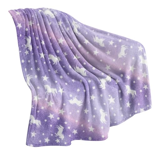 MASHUR FAB - Glow-in-The-Dark Polar Fleece Blanket for Kids – Soft Lightweight Single Bed Blanket (200x152 cm) | All-Season Jacquard Print, Assorted Multicolor – Unicorn Design (Purple) - Image 1