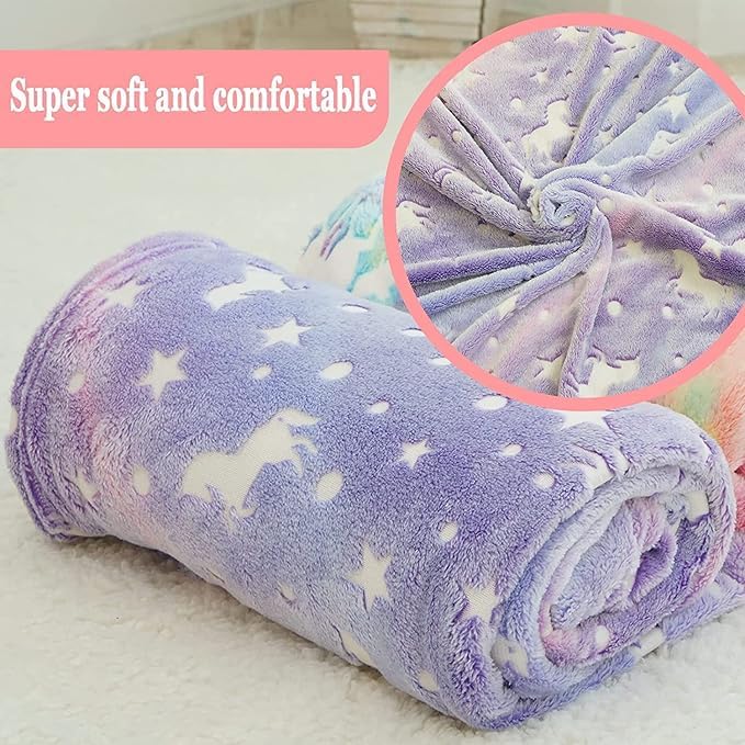 MASHUR FAB - Glow-in-The-Dark Polar Fleece Blanket for Kids – Soft Lightweight Single Bed Blanket (200x152 cm) | All-Season Jacquard Print, Assorted Multicolor – Unicorn Design (Purple) - Image 3