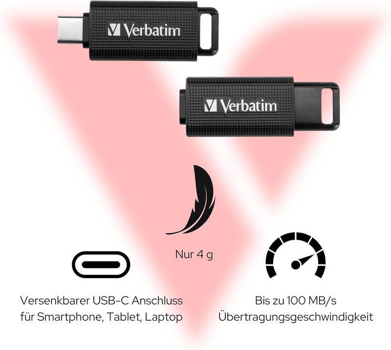 VERBATIM Durable versatile substance Store 'n' Go USB-C Stick Compact Memory Stick with 128GB Data Storage Portable USB Stick in Black Ideal for Mobile Phone, Laptop, PC and Notebook Consistent single item quality - Image 3