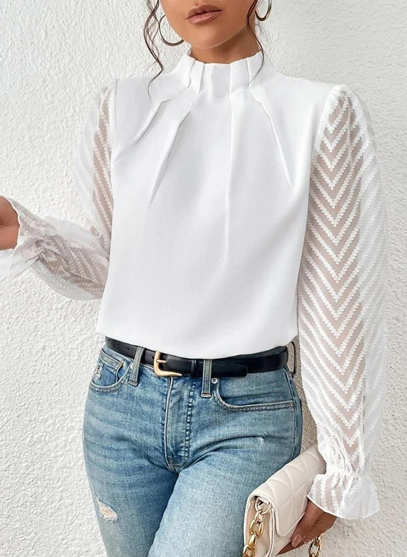 YUNIQEE White High Neck Long Sleeves Solid Top