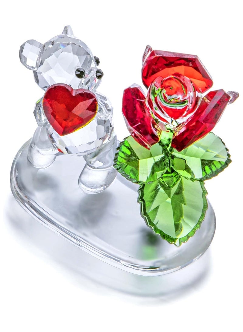 RARELY كريستال الدب القلب وزهرة الورد الأحمر كريستال الحيوان تمثال تحصيل قطع الزجاج الفن الحرفية زخرفة مع قاعدة زجاجية لديكور طاولة المنزل لأخت أمي وصديق أفضل هدية - Image 1
