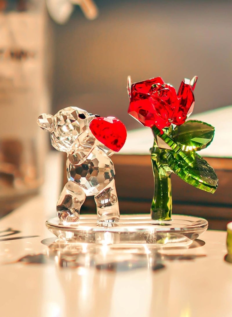 RARELY كريستال الدب القلب وزهرة الورد الأحمر كريستال الحيوان تمثال تحصيل قطع الزجاج الفن الحرفية زخرفة مع قاعدة زجاجية لديكور طاولة المنزل لأخت أمي وصديق أفضل هدية - Image 3