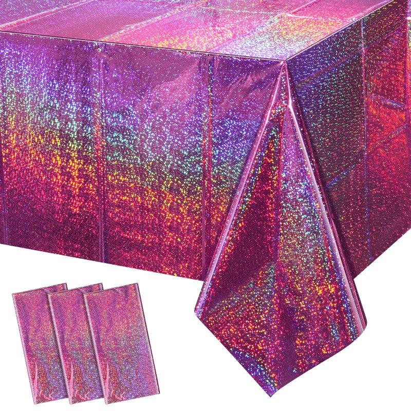FunnyPars 3 Pack Pink Iridescent Table Cloth for Parties Pink Plastic Shiny Laser Table Covers Disposable Holographic Foil Tablecloth Iridescent Party Decorations for Girl Birthday Wedding 54x108