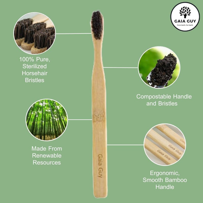 Gaia Guy Soft Natural Bristle Bamboo Toothbrush (NO Nylon - Horsehair ONLY) - Totally Compostable & Biodegradable Soft Horse Hair Bristle and Bamboo Toothbrushes - Zero Waste - 6-Pack - Image 4