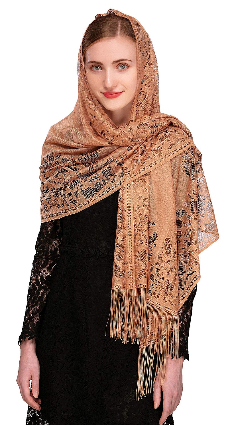 PAMOR Chapel Veil Scarf Mantilla Veils Rectangular Wrap Shawl Mass Head Covering with Fringe Trim (Brown) - Image 2