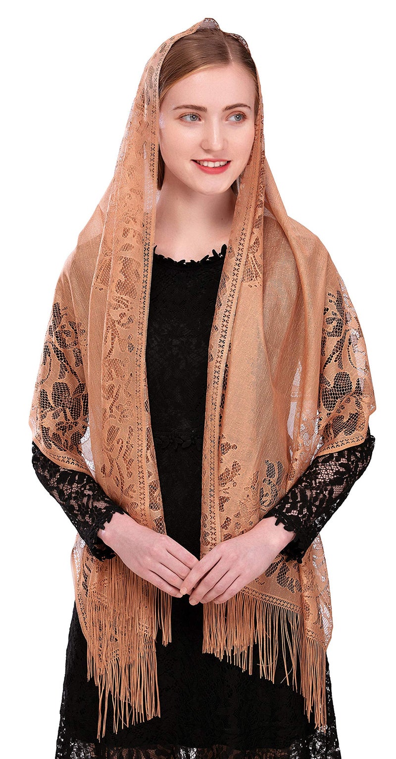 PAMOR Chapel Veil Scarf Mantilla Veils Rectangular Wrap Shawl Mass Head Covering with Fringe Trim (Brown) - Image 1