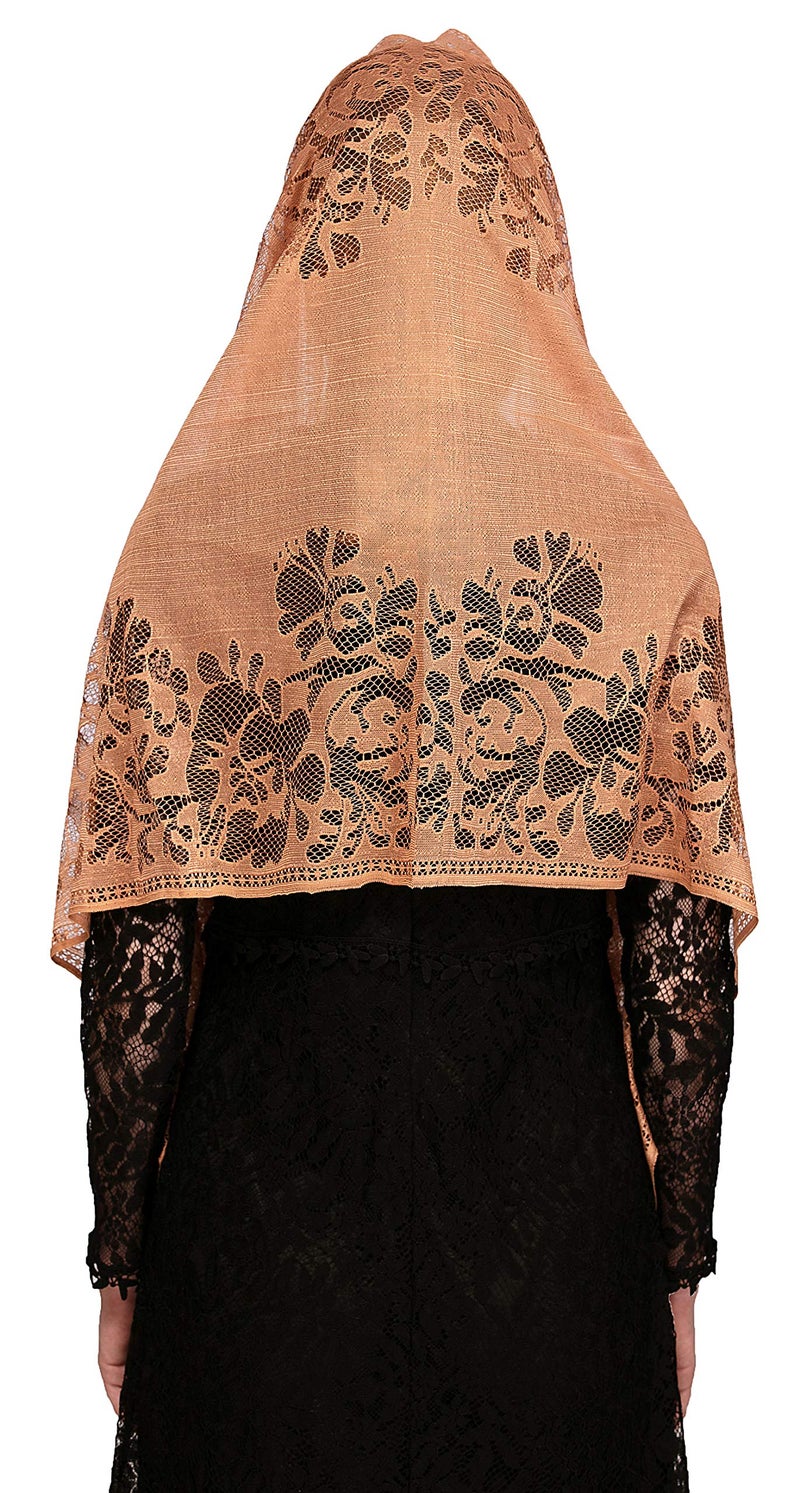 PAMOR Chapel Veil Scarf Mantilla Veils Rectangular Wrap Shawl Mass Head Covering with Fringe Trim (Brown) - Image 4