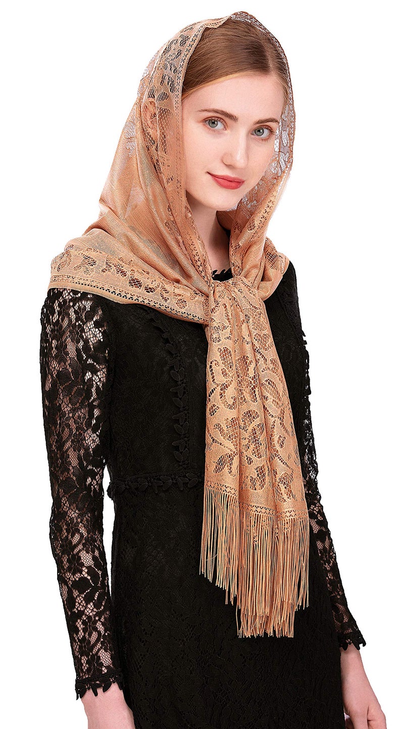 PAMOR Chapel Veil Scarf Mantilla Veils Rectangular Wrap Shawl Mass Head Covering with Fringe Trim (Brown) - Image 3