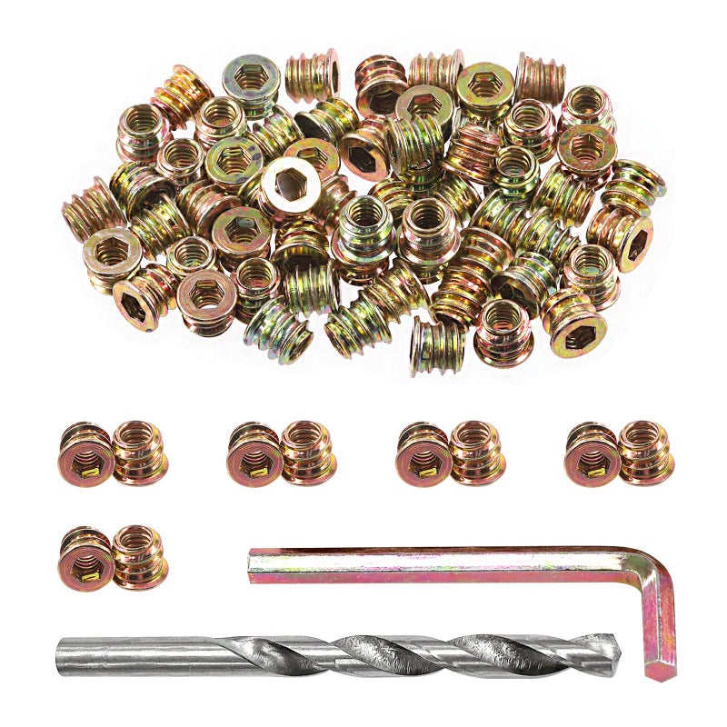 Swpeet 60Pcs 1420 x 10mm Carbon Steel Color Zinc Plated Wood Inserts and 11mm Twist Drill with 1Pcs Wrench Assortment Kit Bolt Furniture Screw in Nut Threaded Hex Socket Drive - Image 2