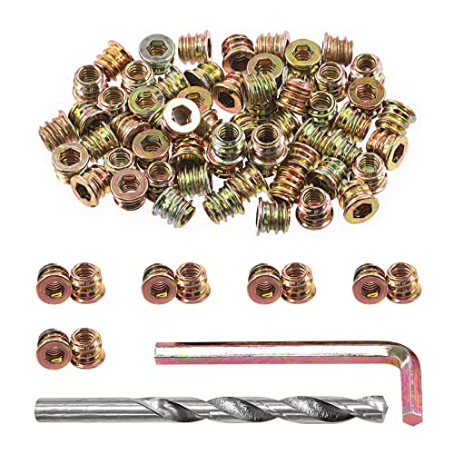 Swpeet 60Pcs 1420 x 10mm Carbon Steel Color Zinc Plated Wood Inserts and 11mm Twist Drill with 1Pcs Wrench Assortment Kit Bolt Furniture Screw in Nut Threaded Hex Socket Drive - Image 1