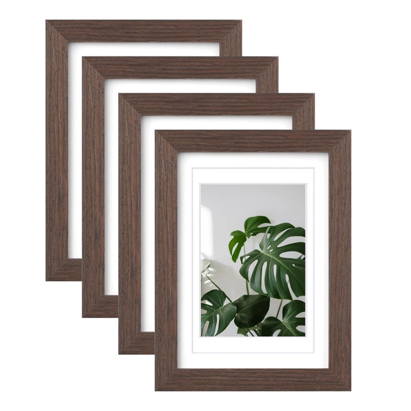 Egofine Egofine 5x7 Picture Frames Set of 4 Made of Solid Wood Covered by Plexiglass 35x5 and 4x6 with Mat or 5x7 without Mat for Table Top Display and Wall Mounting Photo Frame Brown 