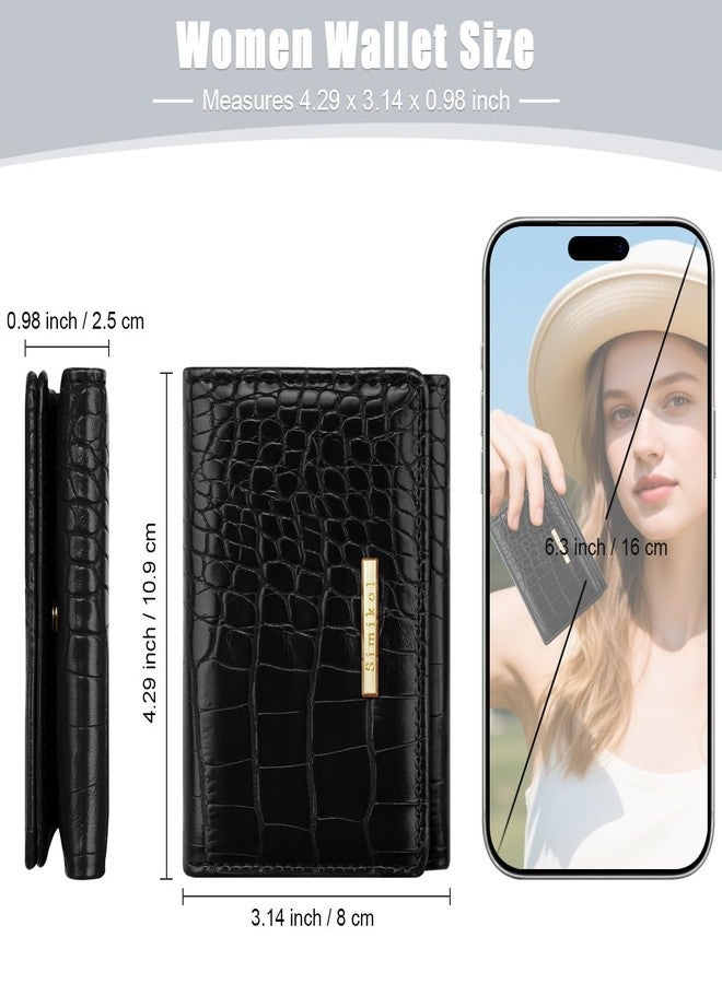 Simikol Crocodile Wallets Women Luxury Faux Leather Alligator Wallet Women RFID Small Trifold Credit Card Holder Mini Purse, Black - Image 3