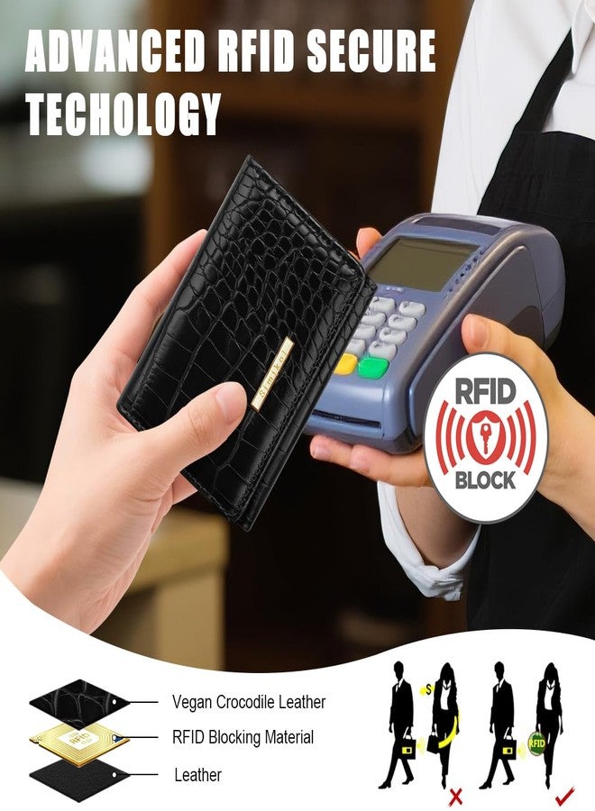 Simikol Crocodile Wallets Women Luxury Faux Leather Alligator Wallet Women RFID Small Trifold Credit Card Holder Mini Purse, Black - Image 5