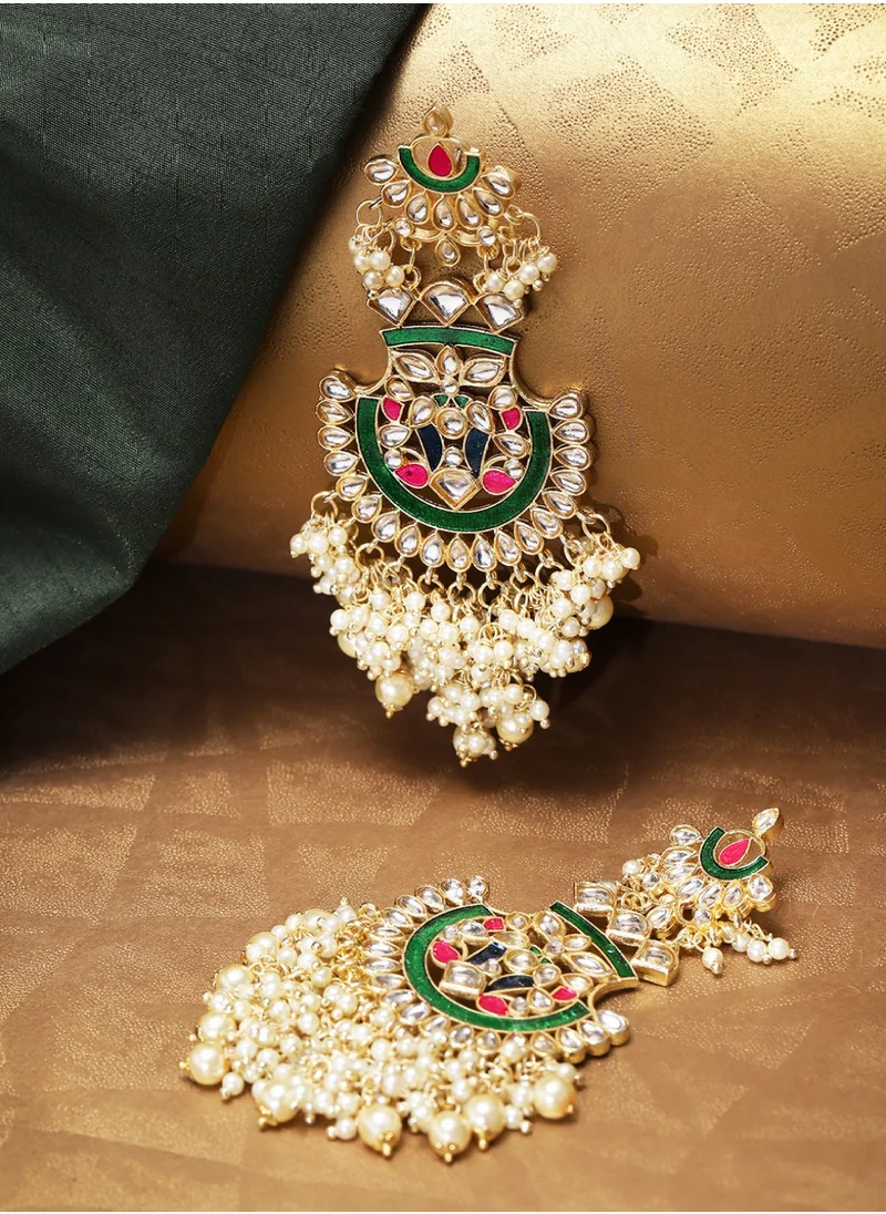 Priyaasi Green Handcrafted Kundan-Studded Classic Drop Earrings