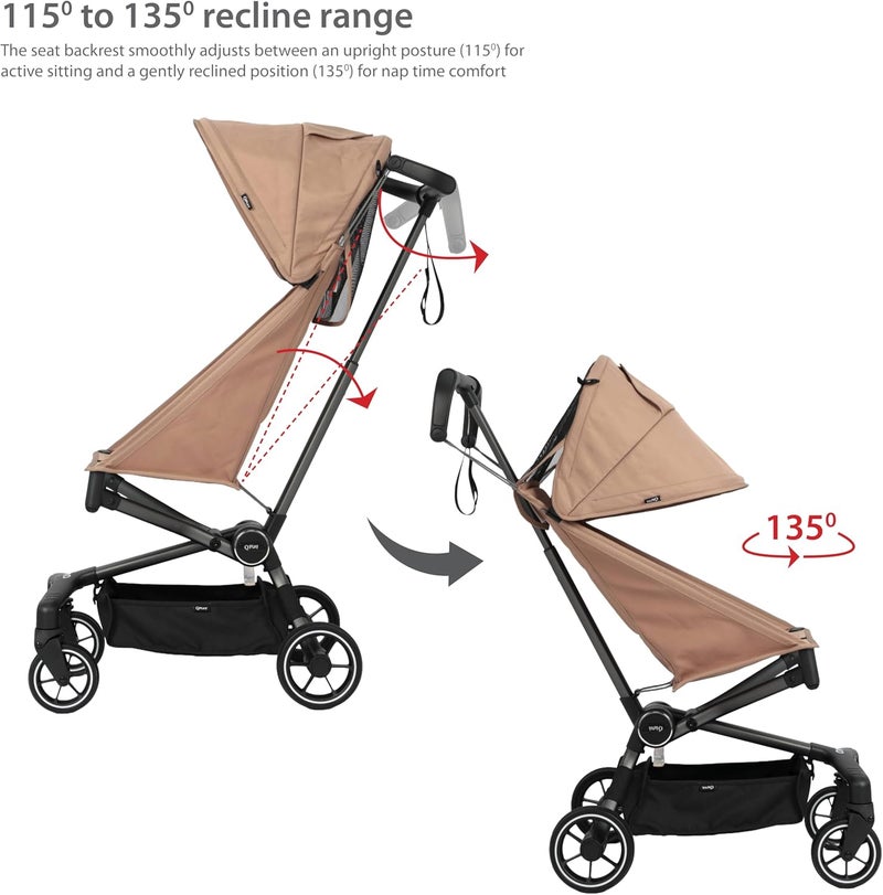 QPlay Airo Stroller, Lightweight Foldable Baby Stroller for Travel, Ultra Compact &Portable, Adjustable Recline, 5-Point Harness, One-Touch Brake, Sun Canopy, Ultra-Light Aluminium Frame, 6M-4Y, Brown - Image 2