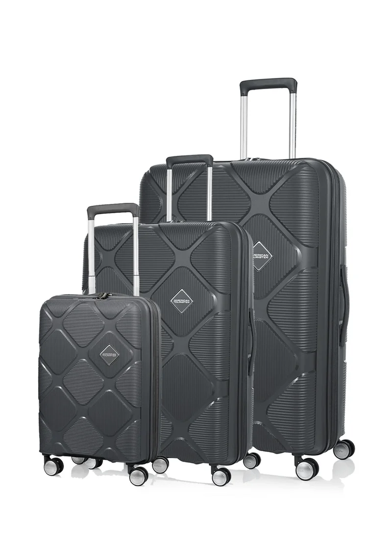 American Tourister Instagon Suitcase, Set of 3, Cabin, Medium & Large (55 + 69 + 81 cm), 8 Spinner Wheels, Hard Top, Polypropylene, Dark Grey|DuoSaf™ Security Zipper|Lightweight|TSA 008 Lock|Optimov™ Shock Absorbing Wheels|Expandable - 3 Years Global Warranty