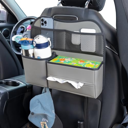 Sancaral Leather Car Seat Back Organizer with Tissue Holder, Water Bottle Holder, Phone Holder for Road Trips. (Gray) - Image 1