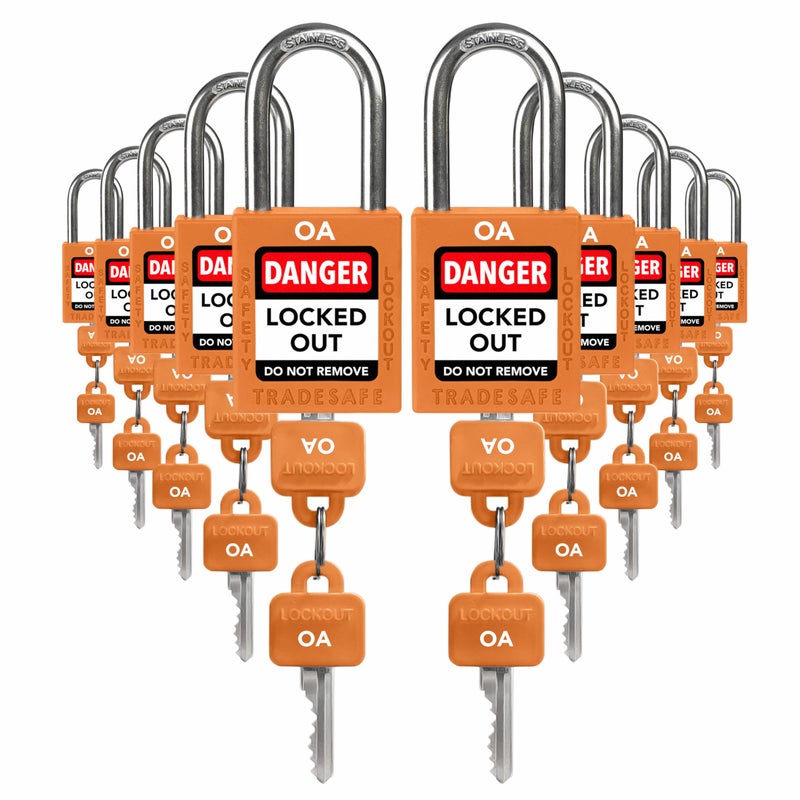 TRADESAFE Lockout Tagout Locks Set, 10 Orange Keyed Alike Unlimited Grouping Safety Padlocks, 2 Keys Per Lock, OSHA Compliant Loto Locks for Lock Out Tag Out Kits - Image 1