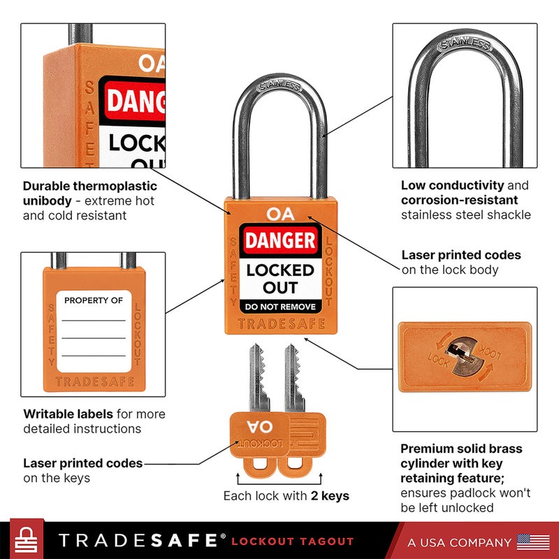 TRADESAFE Lockout Tagout Locks Set, 10 Orange Keyed Alike Unlimited Grouping Safety Padlocks, 2 Keys Per Lock, OSHA Compliant Loto Locks for Lock Out Tag Out Kits - Image 4