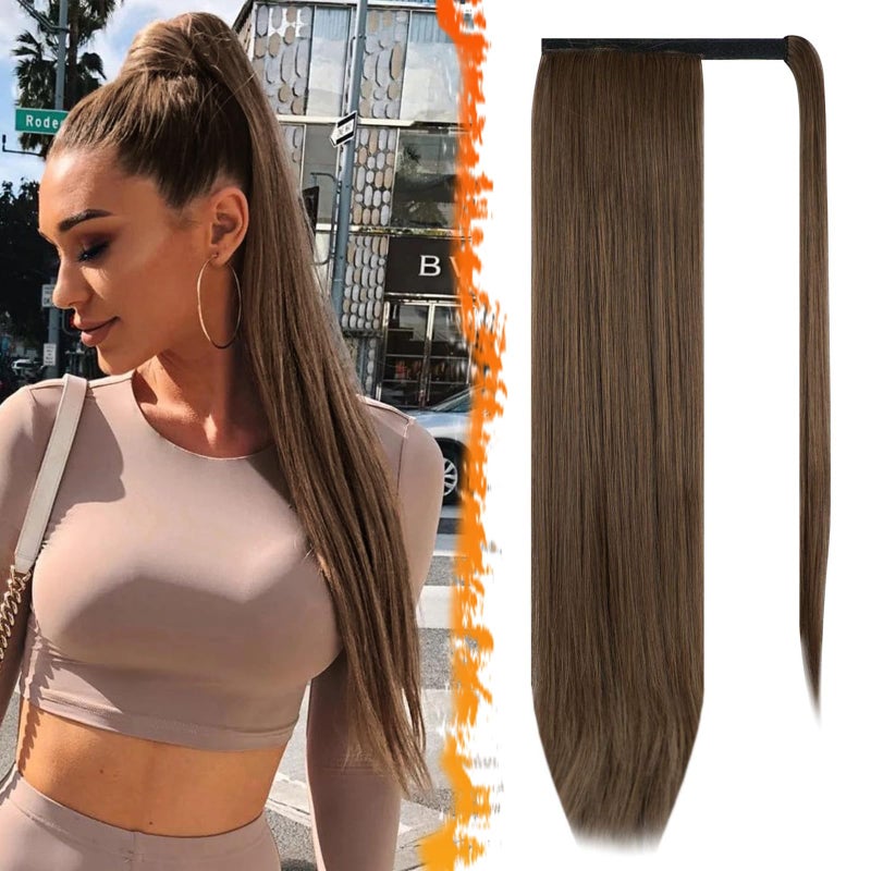 BARSDAR Golden Brown Straight Wrap Ponytail Extension  24 Inch Long Straight Wrap Around Ponytail Hair Extensions for Women Synthetic Clip in Brown Pony Tails Hairpieces Daily
