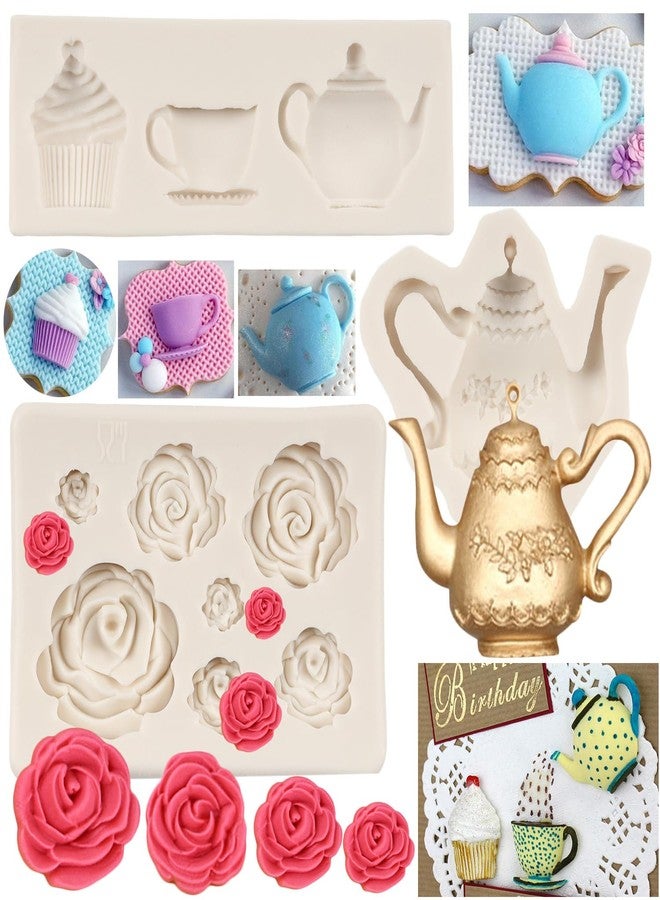 FCKEMLDS Tea Party Cake Mold Teapot Fondant Mold Tea Cup Cupcake Rose Flower Molds for Tea Party Cake Decoration Cupcake Topper Chocolate Candy Polymer Clay Set of 3 - Image 1