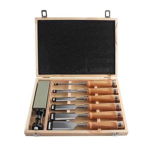 HODYANN 8 Pieces Wood Chisel Tool Sets, 11.4in Woodworking Carving Chisel Kit with Honing Guide, Sharpening Stone and Wooden Case - Image 1