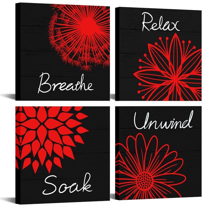RED AND BLACK BATHROOM DECOR RELAX SOAK UNWIND BREATHE CANVAS WALL ART PICTURE FRAMED FLORAL DECOR ACCESSORIES FOR HOME 12X12X4PCS READY TO HANG