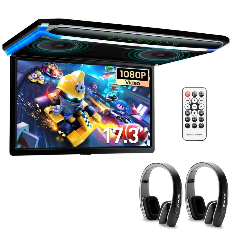 Xtrons XTRONS [New] 17.3 Inch 16:9 Ultra-thin FHD Digital TFT Screen 1080P Video Car Overhead Player Roof Mounted Monitor Built-in HDMI/SD/USB/Infrared/FM Port, w 2 x New Version IR Headphones (Black) - Image 1