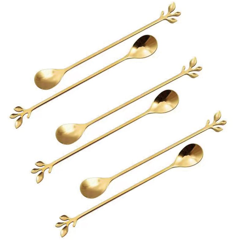 Long Handle Ice Tea Spoons Set Ice Cream Leaf Spoon Stainless Steel Cocktail Stirring Spoon Gold Coffee Spoons For Coffee Bar Dessert Hottea Shakes 6 Pcs Gold