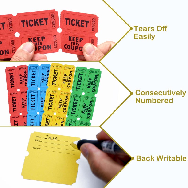 Homrelaxy 2000 Pcs 1000 Pairs Raffle Tickets, 50/50 Double Raffle Tickets, 250 Double Tickets Per Stack, for Events, Entry, Carnivals, and Door Prizes (Blue/Red/Green/Yellow) - Image 3