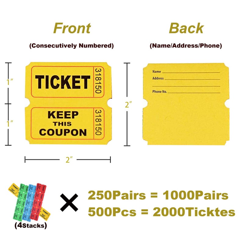 Homrelaxy 2000 Pcs 1000 Pairs Raffle Tickets, 50/50 Double Raffle Tickets, 250 Double Tickets Per Stack, for Events, Entry, Carnivals, and Door Prizes (Blue/Red/Green/Yellow) - Image 2