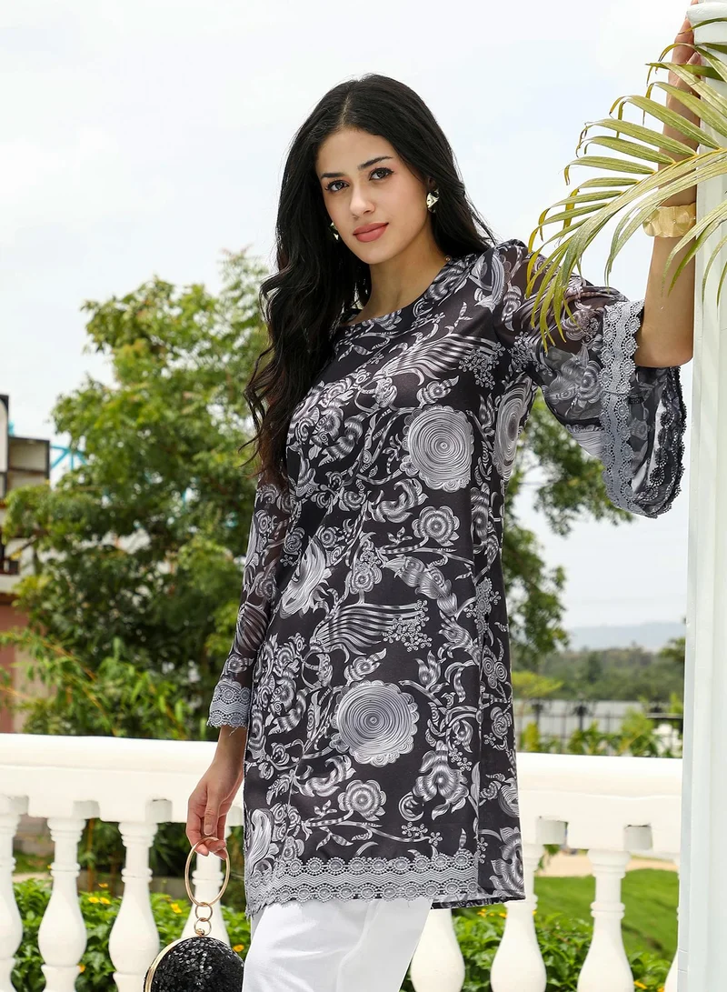 Qissa  Women's Floral-Galleria Kurta Set For Ethnic Wear | Round Neck, Long Lace Cuffed Sleeves | Floral Print Woven Fabric | 2 Piece Kurta Set Designed For Casual & Daily Wear for Women | Best Price UAE