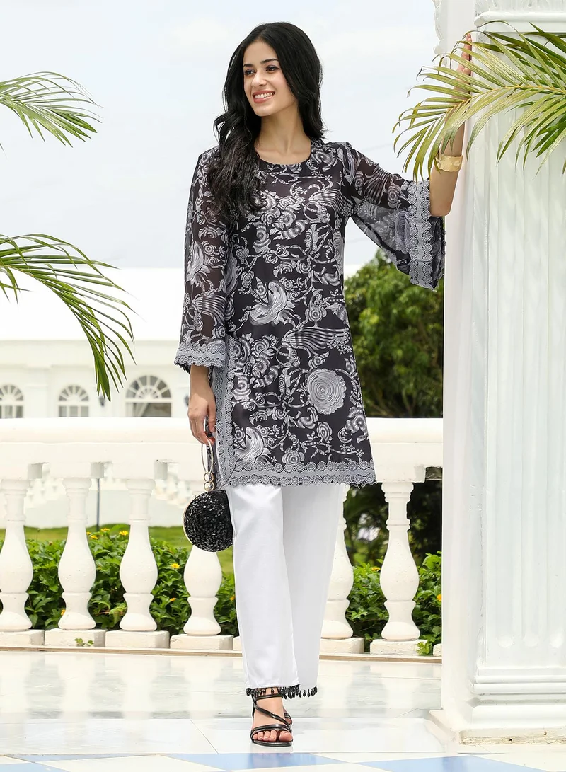 Qissa  Women's Floral-Galleria Kurta Set For Ethnic Wear | Round Neck, Long Lace Cuffed Sleeves | Floral Print Woven Fabric | 2 Piece Kurta Set Designed For Casual & Daily Wear for Women | Best Price UAE