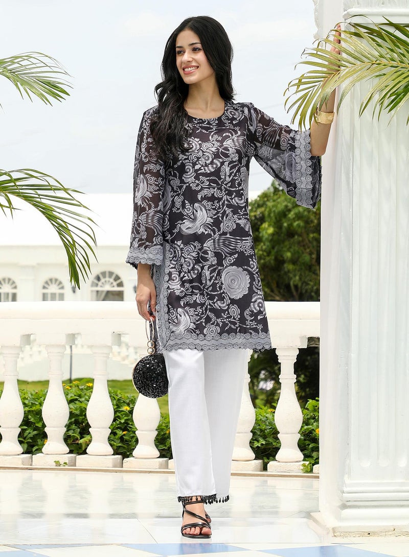 QISSA Women's Floral-Galleria Kurta Set For Ethnic Wear | Round Neck, Long Lace Cuffed Sleeves | Floral Print Woven Fabric | 2 Piece Kurta Set Designed For Casual & Daily Wear - Image 3