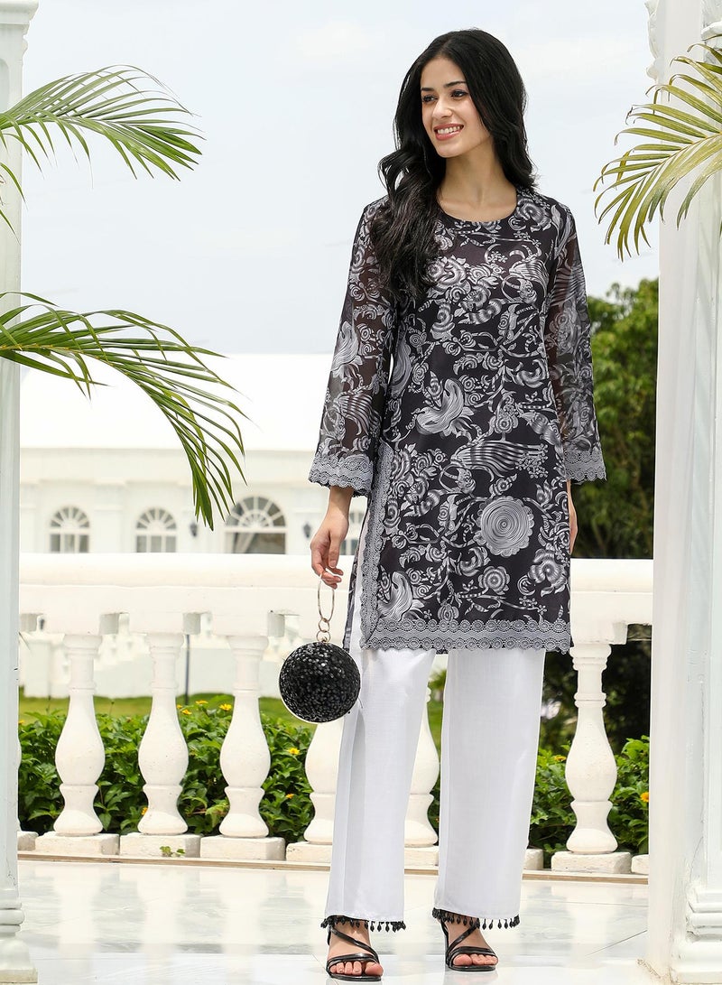 QISSA Women's Floral-Galleria Kurta Set For Ethnic Wear | Round Neck, Long Lace Cuffed Sleeves | Floral Print Woven Fabric | 2 Piece Kurta Set Designed For Casual & Daily Wear - Image 1