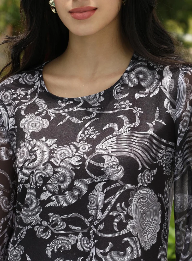 Qissa  Women's Floral-Galleria Kurta Set For Ethnic Wear | Round Neck, Long Lace Cuffed Sleeves | Floral Print Woven Fabric | 2 Piece Kurta Set Designed For Casual & Daily Wear for Women | Best Price UAE