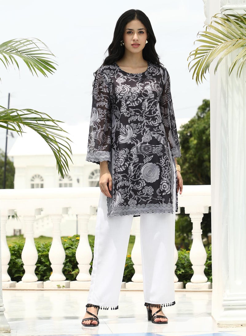 QISSA Women's Floral-Galleria Kurta Set For Ethnic Wear | Round Neck, Long Lace Cuffed Sleeves | Floral Print Woven Fabric | 2 Piece Kurta Set Designed For Casual & Daily Wear - Image 2