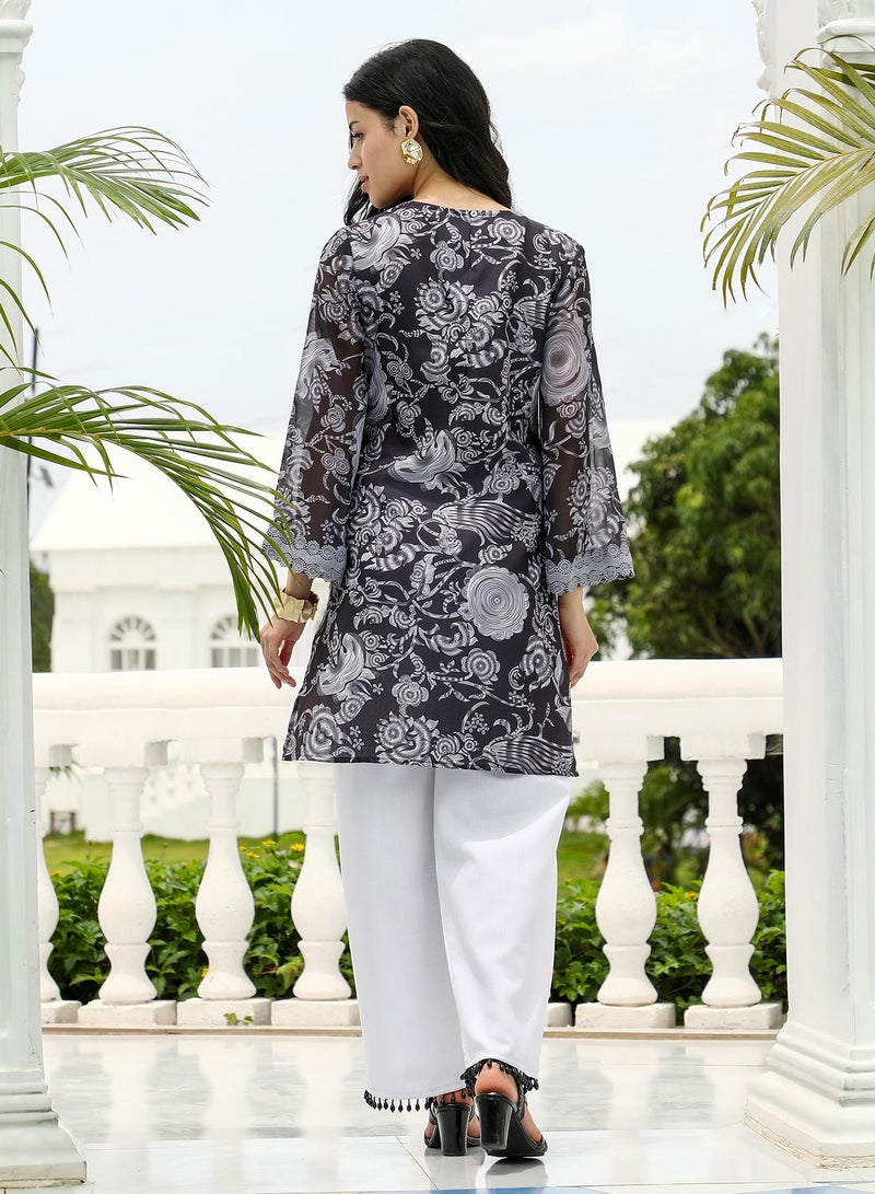 QISSA Women's Floral-Galleria Kurta Set For Ethnic Wear | Round Neck, Long Lace Cuffed Sleeves | Floral Print Woven Fabric | 2 Piece Kurta Set Designed For Casual & Daily Wear - Image 5