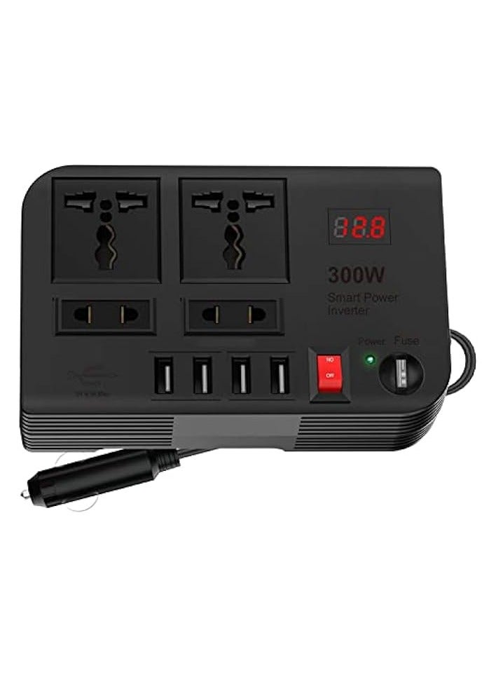 Green Tiger Car Laptop Charger, 300W Car Inverter DC 12V to AC 220V with 4 USB Ports Fast Charging 2 Universal Sockets with Multifunctional LED Display, Universal Laptop Charger for car with Extra Fuse - Image 1