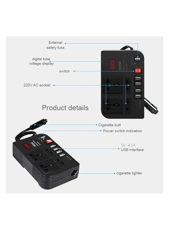 Green Tiger Car Laptop Charger, 300W Car Inverter DC 12V to AC 220V with 4 USB Ports Fast Charging 2 Universal Sockets with Multifunctional LED Display, Universal Laptop Charger for car with Extra Fuse - Image 4