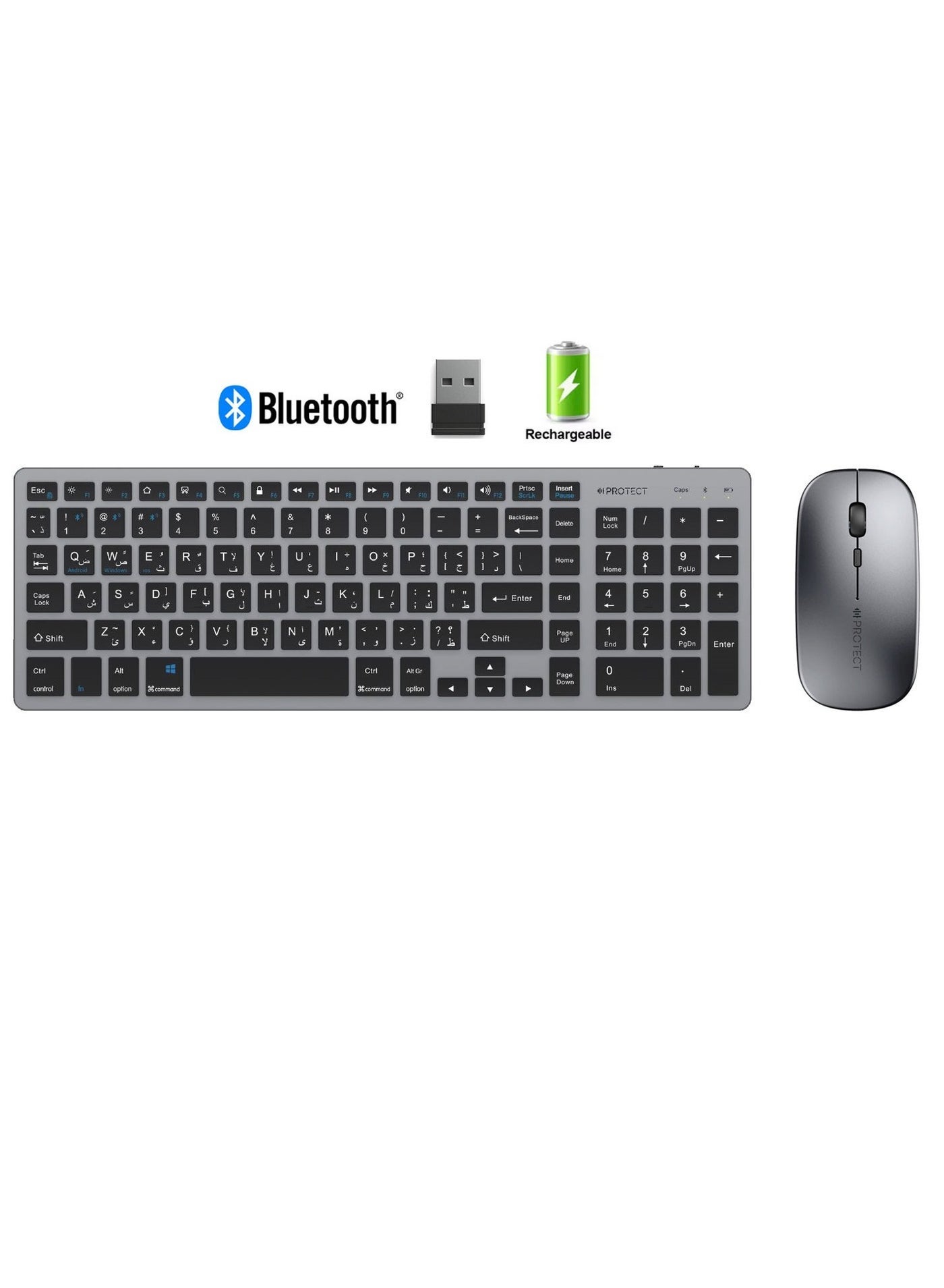 Protect Rechargeable Wireless Bluetooth Keyboard and Mouse Combo | Slim Silent Full Size | Multi-Device for PC Laptop Desktop MacBook iPad iPhone Android